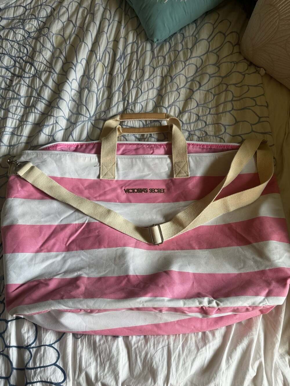 Victoria's Secret Pink and White Striped Canvas Weekender Duffle Bag